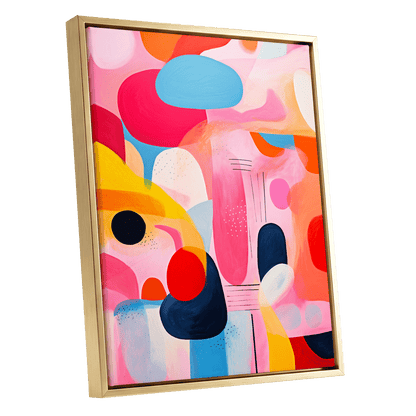 Pink Cadence, pink, blue, orange abstract wall art shown as a gold framed canvas wall art