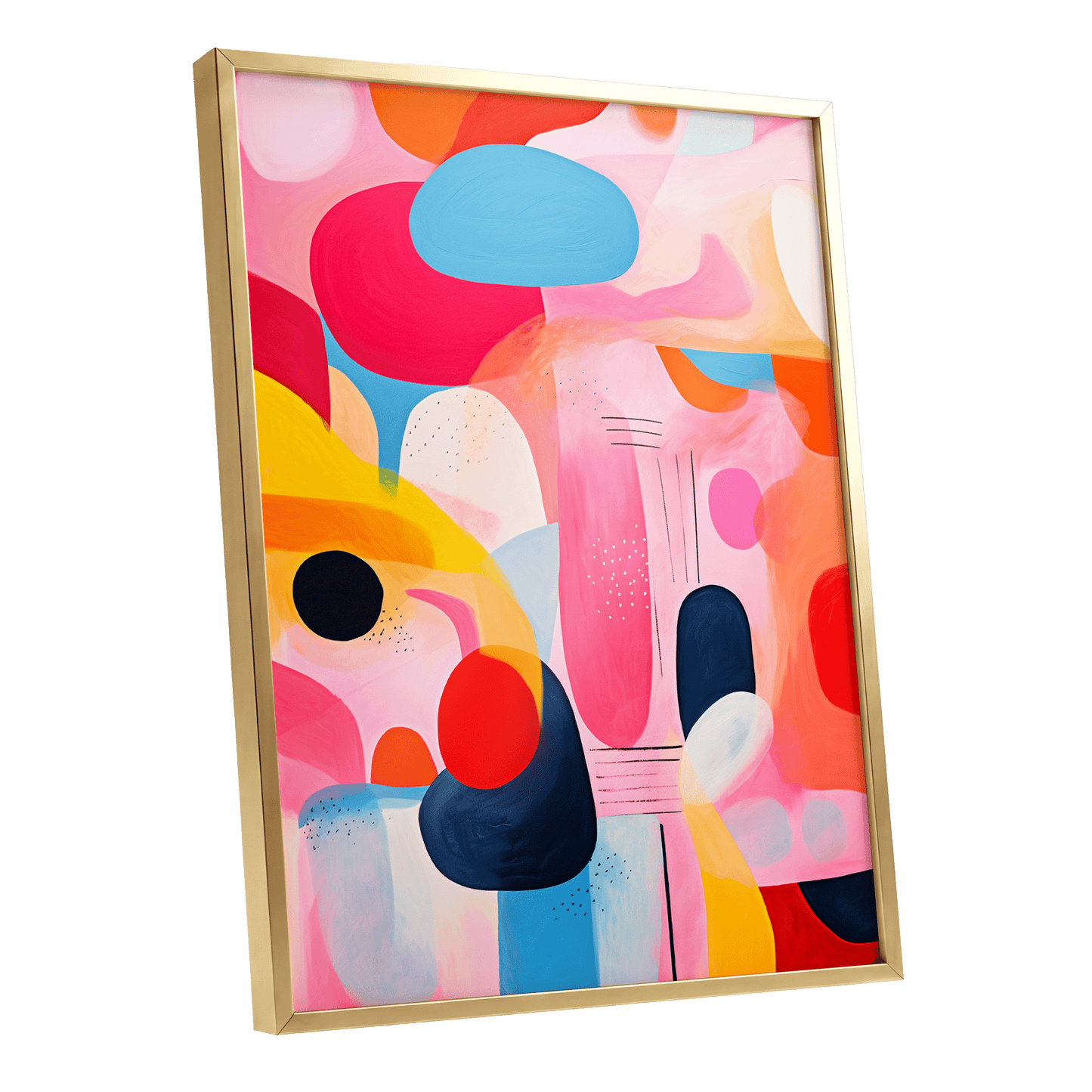 Pink Cadence, pink, blue, orange abstract wall art shown as a gold framed poster wall art print