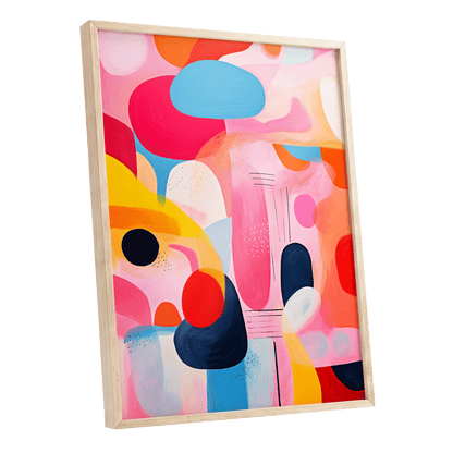 Pink Cadence, pink, blue, orange abstract wall art shown as a oak framed poster wall art print