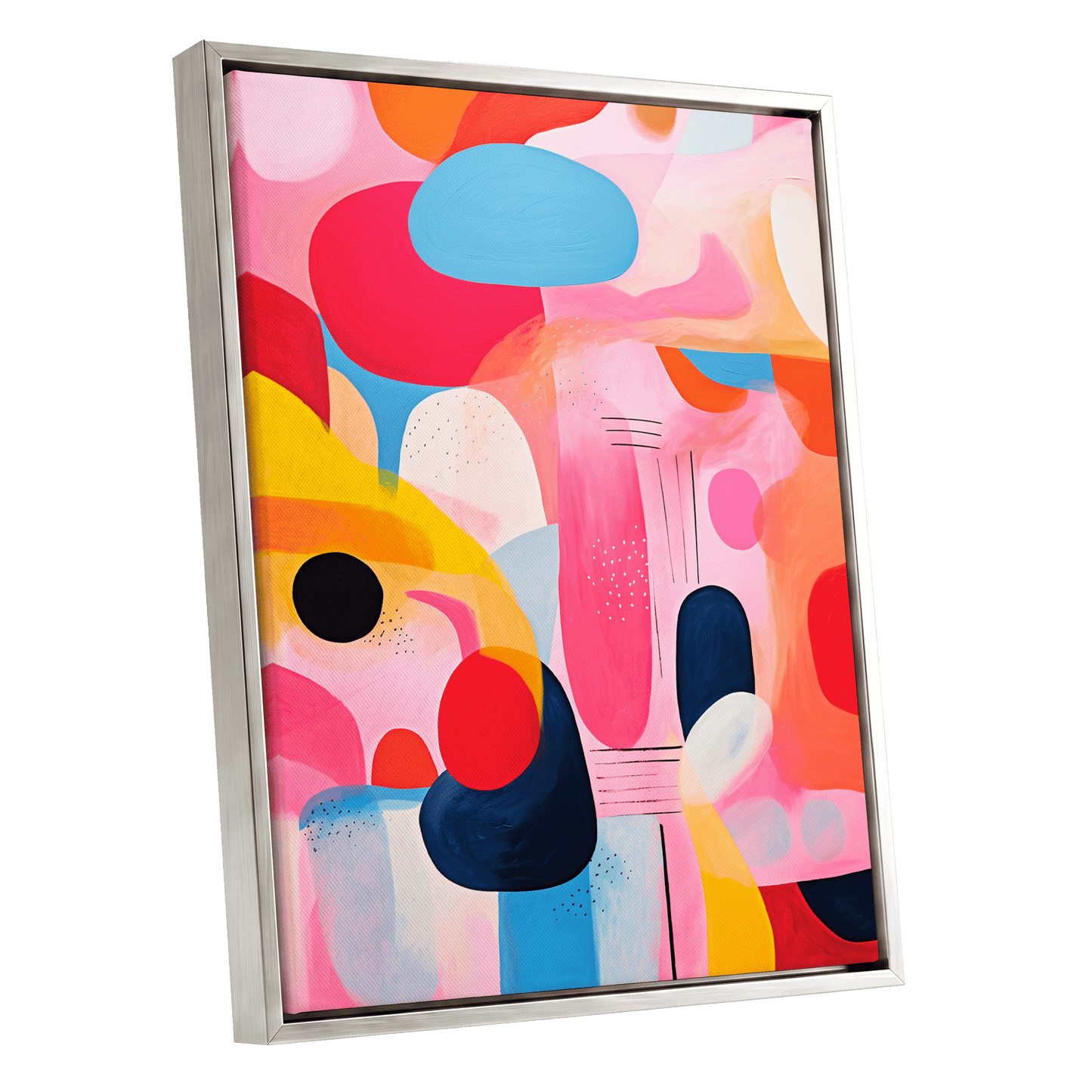 Pink Cadence, pink, blue, orange abstract wall art shown as a silver framed canvas wall art