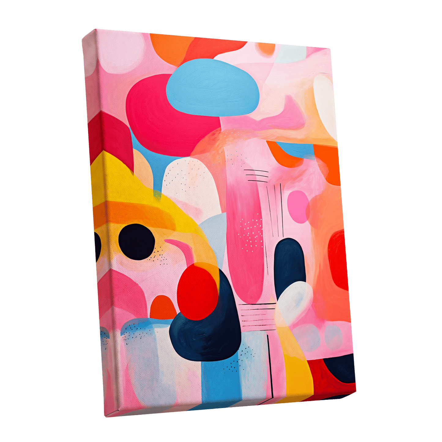 Pink Cadence, pink, blue, orange abstract wall art shown as a stretched canvas wall art
