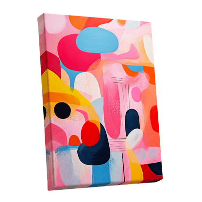 Pink Cadence, pink, blue, orange abstract wall art shown as a stretched canvas wall art
