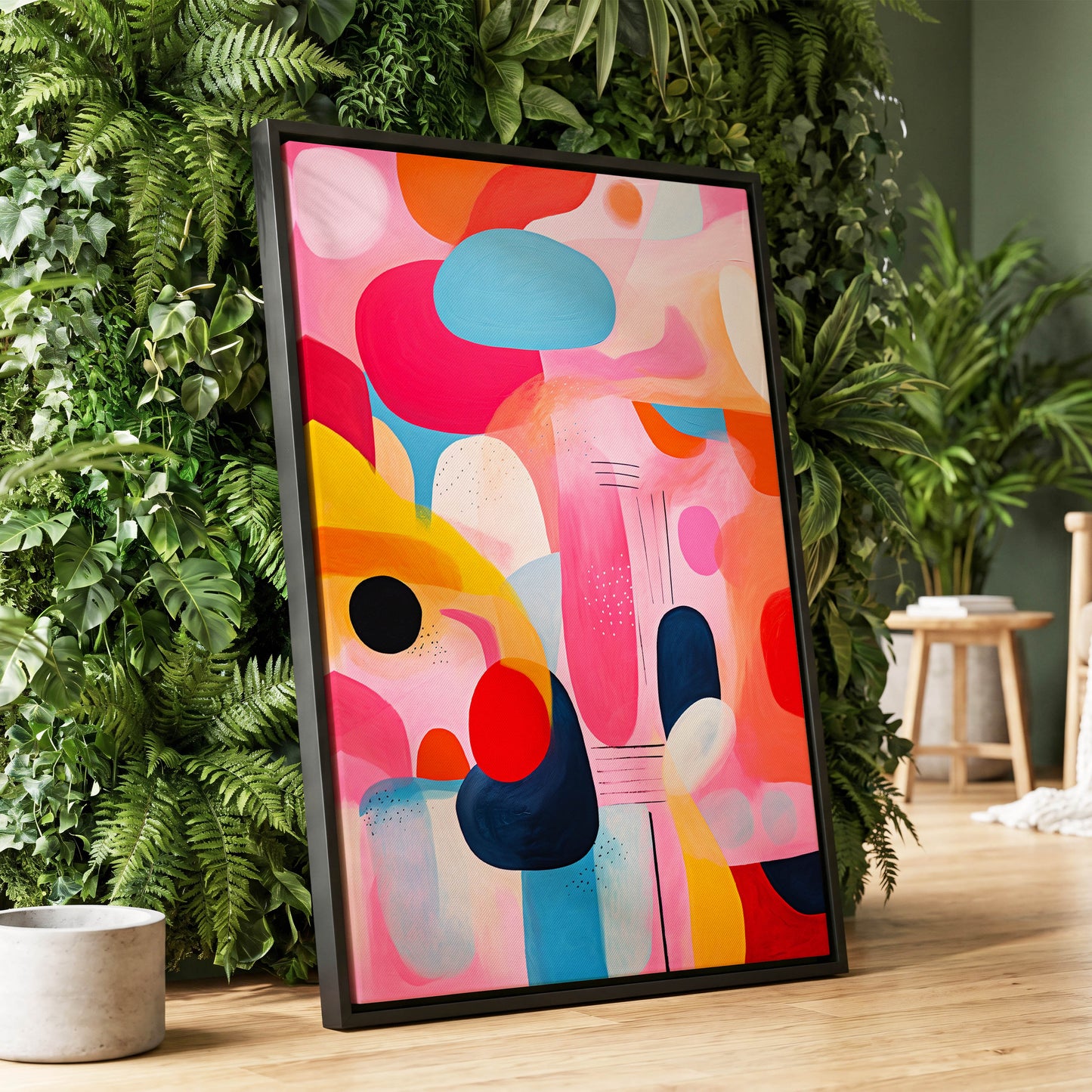 Pink Cadence, pink, blue, orange abstract wall art displayed in a styled interior, gallery view 1