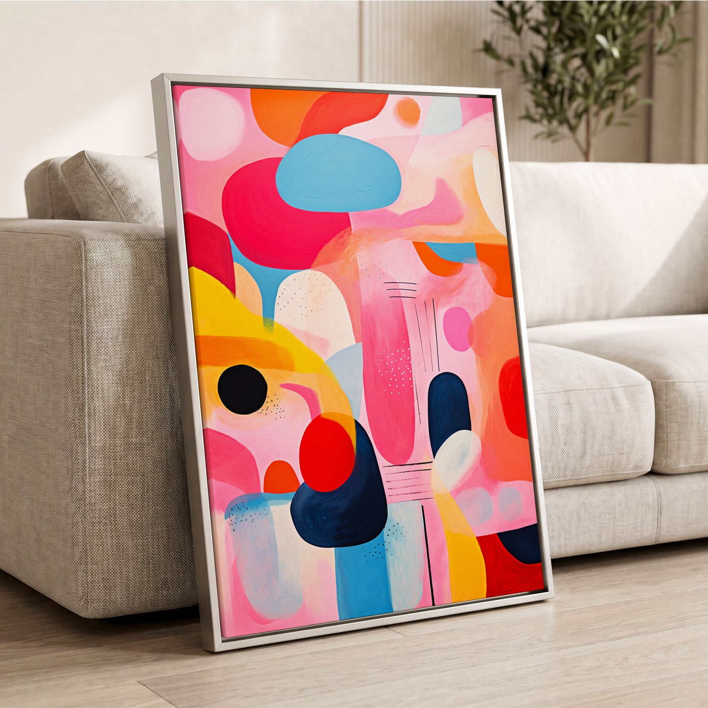 Pink Cadence, pink, blue, orange abstract wall art displayed in a styled interior, gallery view 2