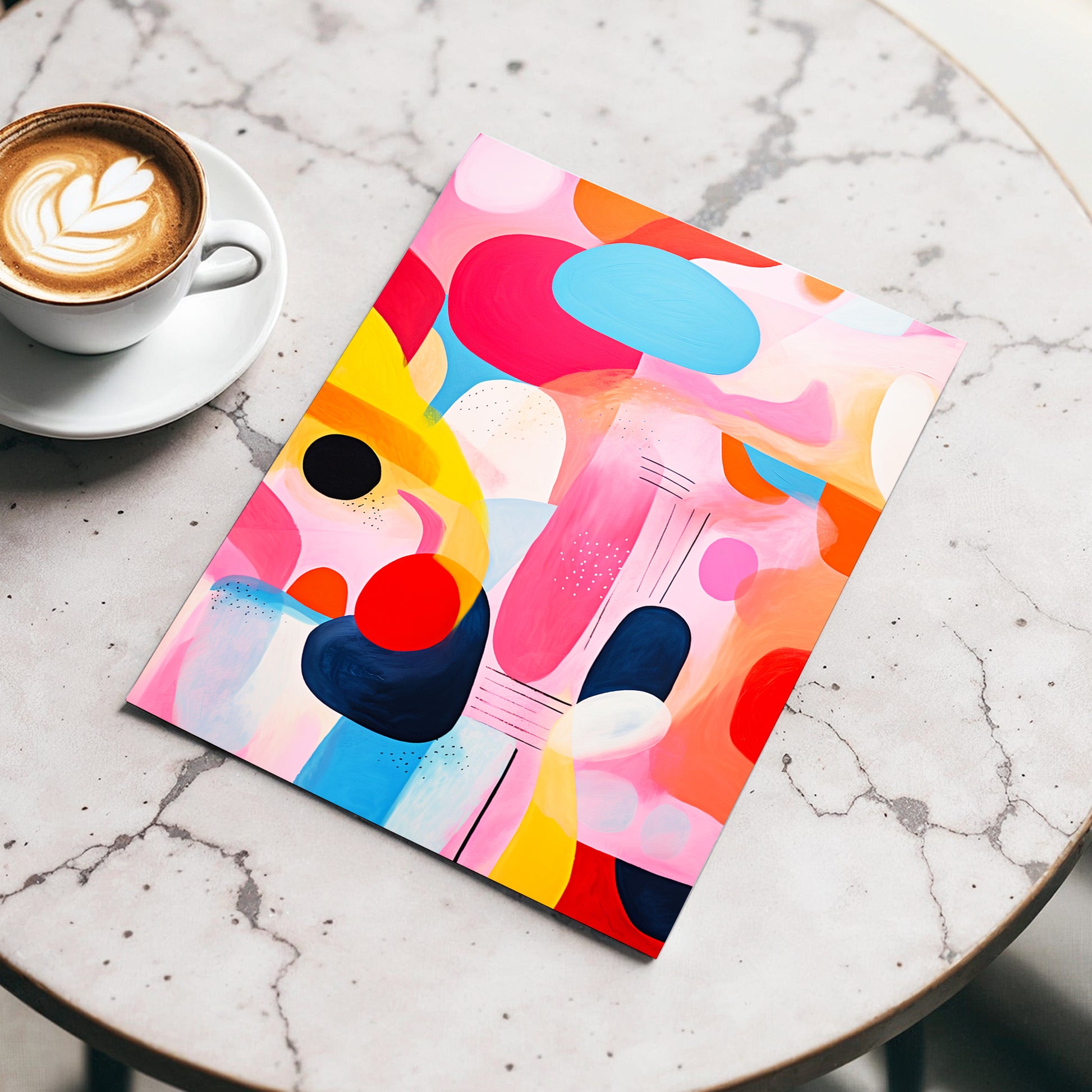 Pink Cadence, pink, blue, orange abstract wall art displayed in a styled interior, gallery view 3