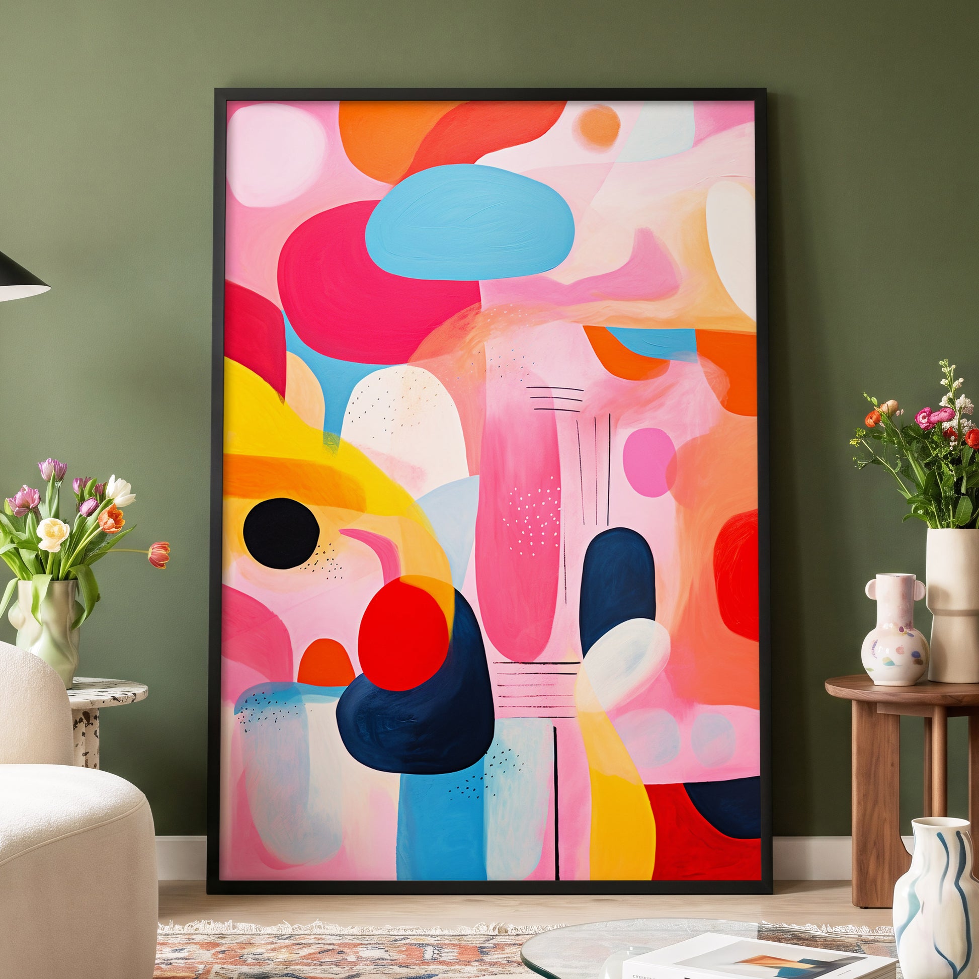 Pink Cadence, pink, blue, orange abstract wall art displayed in a styled interior, gallery view 4