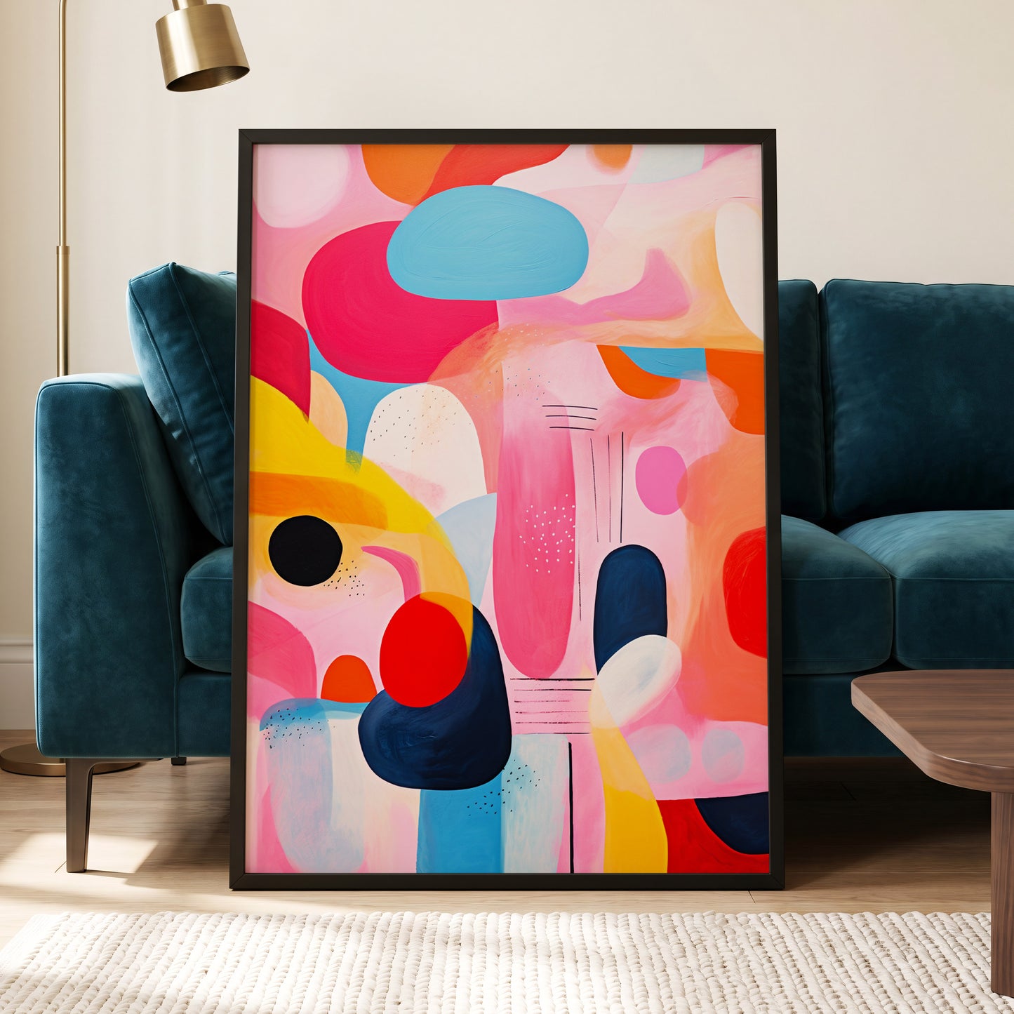 Pink Cadence, pink, blue, orange abstract wall art displayed in a styled interior, gallery view 5