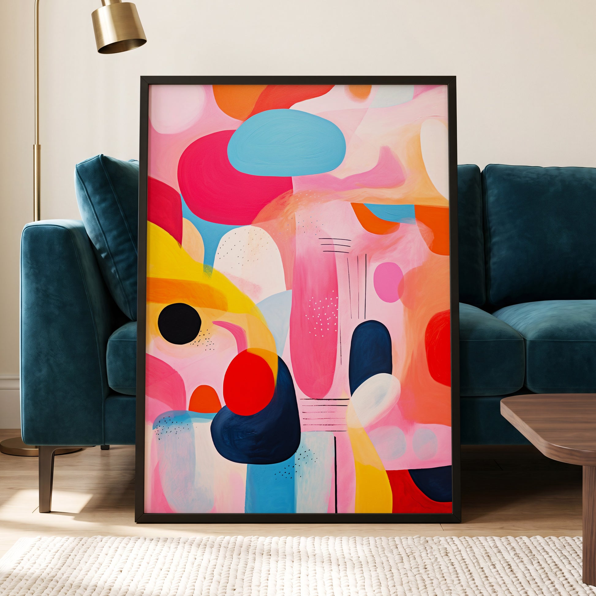 Pink Cadence, pink, blue, orange abstract wall art displayed in a styled interior, gallery view 5