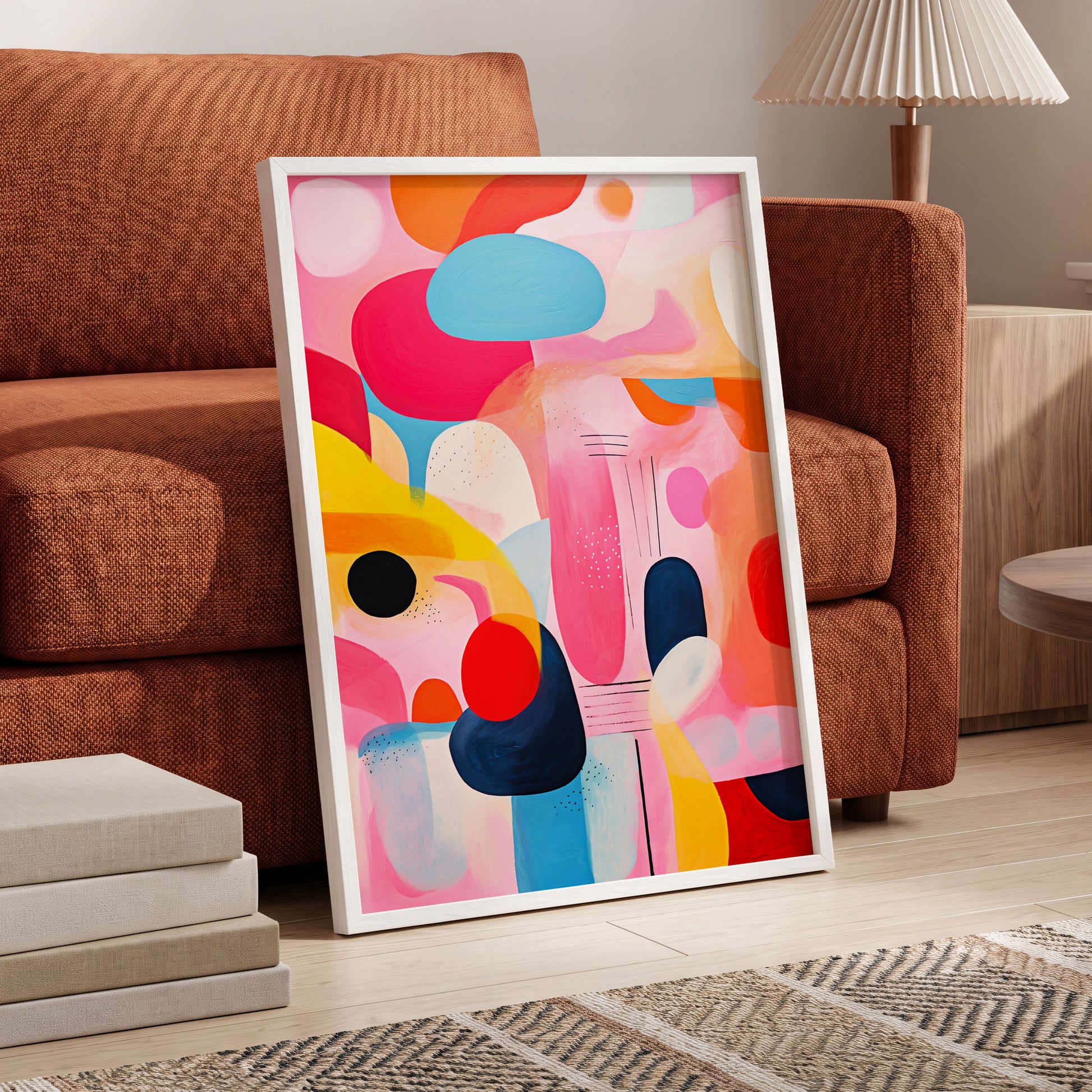 Pink Cadence, pink, blue, orange abstract wall art displayed in a styled interior, gallery view 6