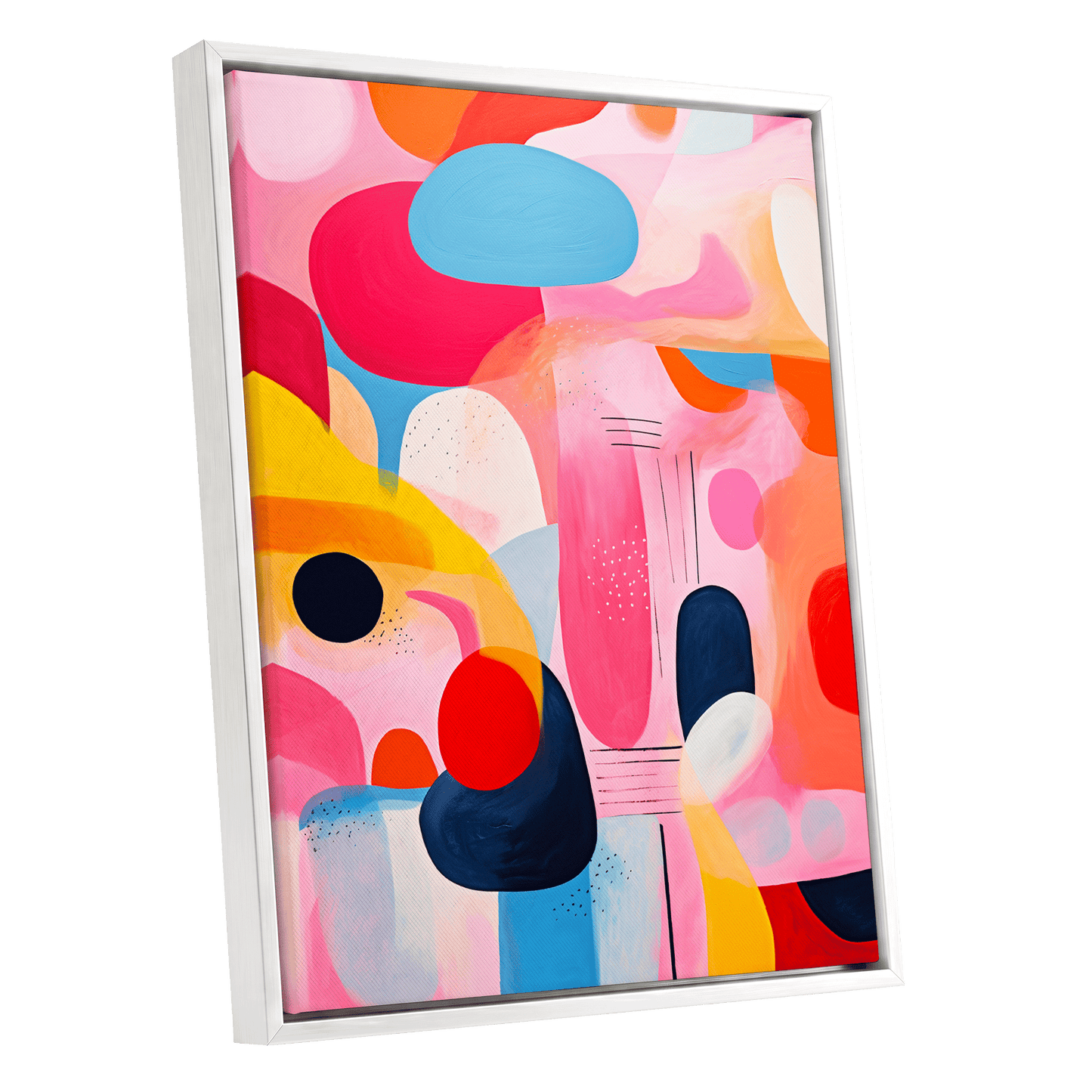 Pink Cadence, pink, blue, orange abstract wall art shown as a white framed canvas wall art