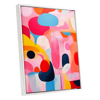 Pink Cadence, pink, blue, orange abstract wall art shown as a white framed canvas wall art