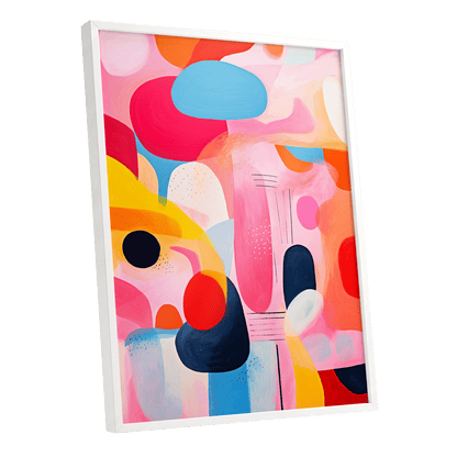 Pink Cadence, pink, blue, orange abstract wall art shown as a white framed poster wall art print