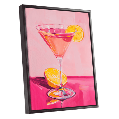 Pink Citrus Cocktail, pink, orange, yellow abstract wall art shown as a black framed canvas wall art