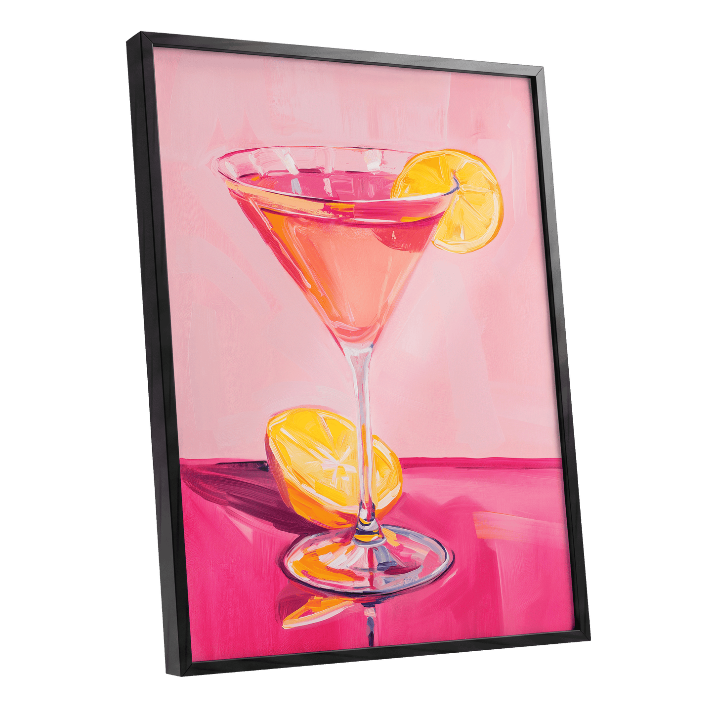 Pink Citrus Cocktail, pink, orange, yellow abstract wall art shown as a black framed poster wall art print