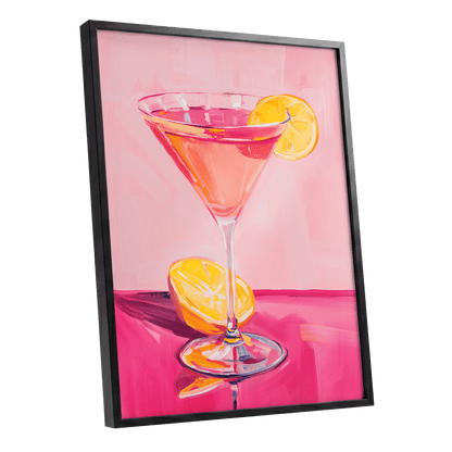 Pink Citrus Cocktail, pink, orange, yellow abstract wall art shown as a black framed poster wall art print