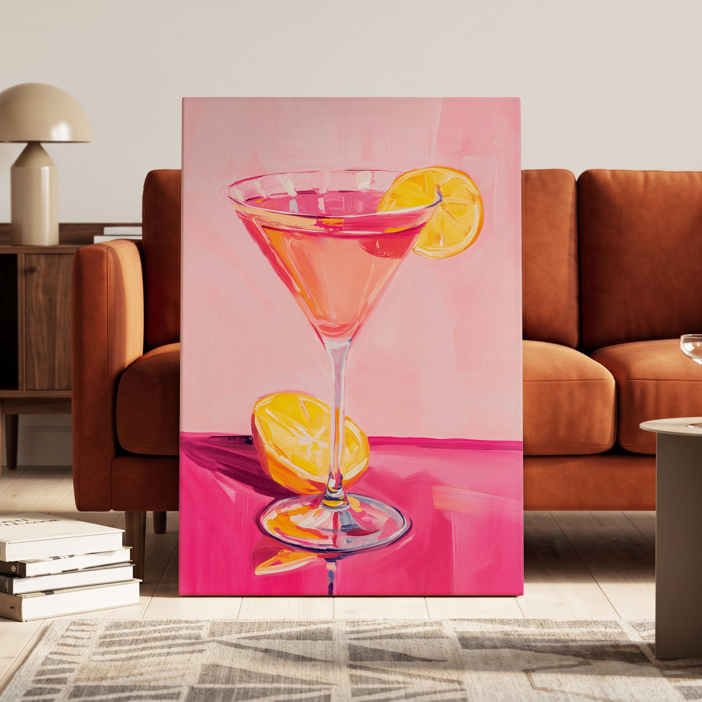 Pink Citrus Cocktail, pink, orange, yellow abstract wall art on canvas displayed in a styled interior, gallery view 1