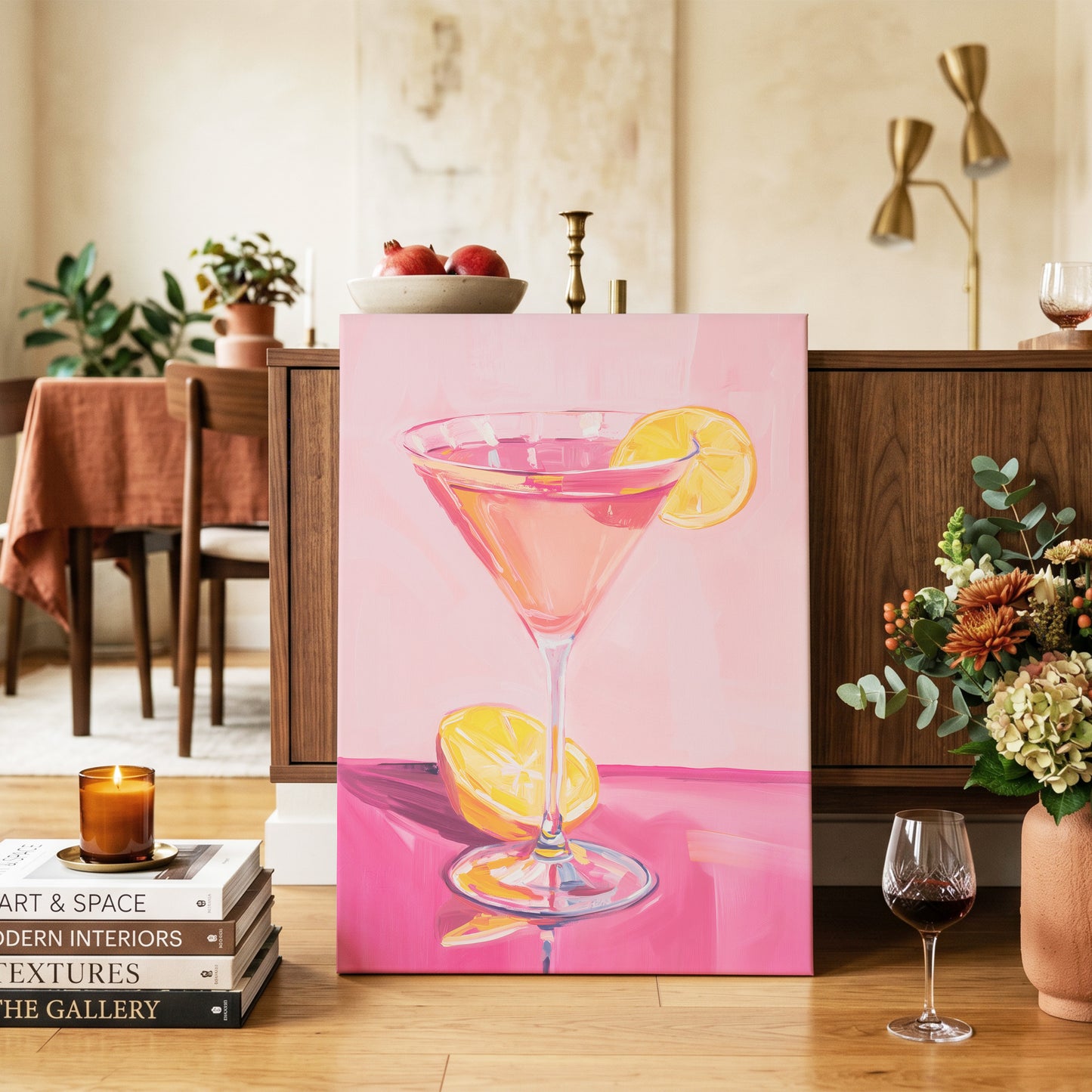 Pink Citrus Cocktail, pink, orange, yellow abstract wall art on canvas displayed in a styled interior, gallery view 2