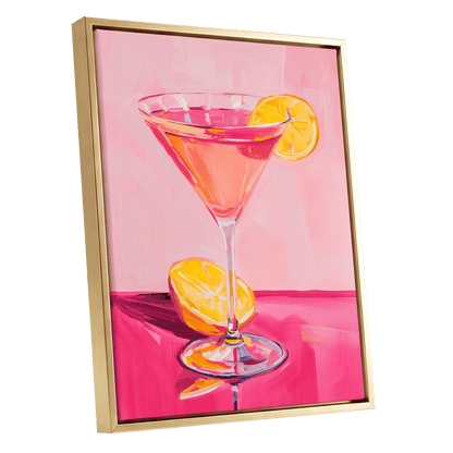 Pink Citrus Cocktail, pink, orange, yellow abstract wall art shown as a gold framed canvas wall art