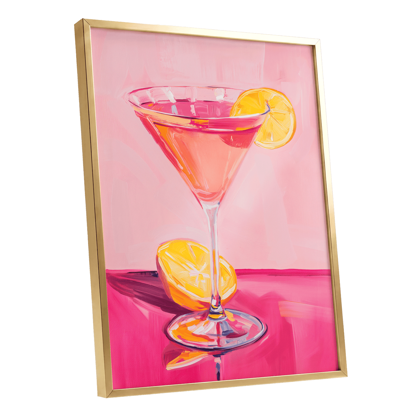 Pink Citrus Cocktail, pink, orange, yellow abstract wall art shown as a gold framed poster wall art print
