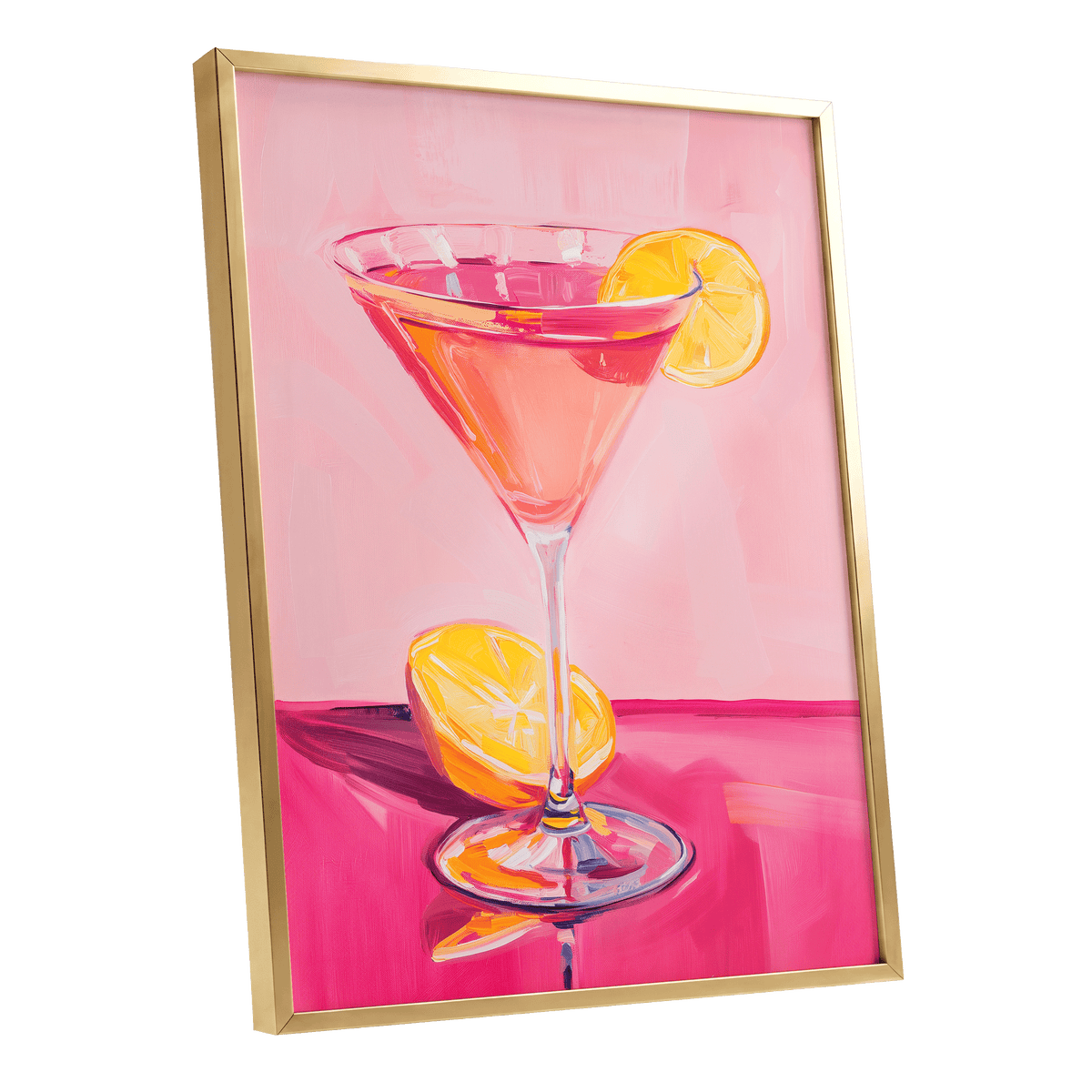 Pink Citrus Cocktail, pink, orange, yellow abstract wall art shown as a gold framed poster wall art print