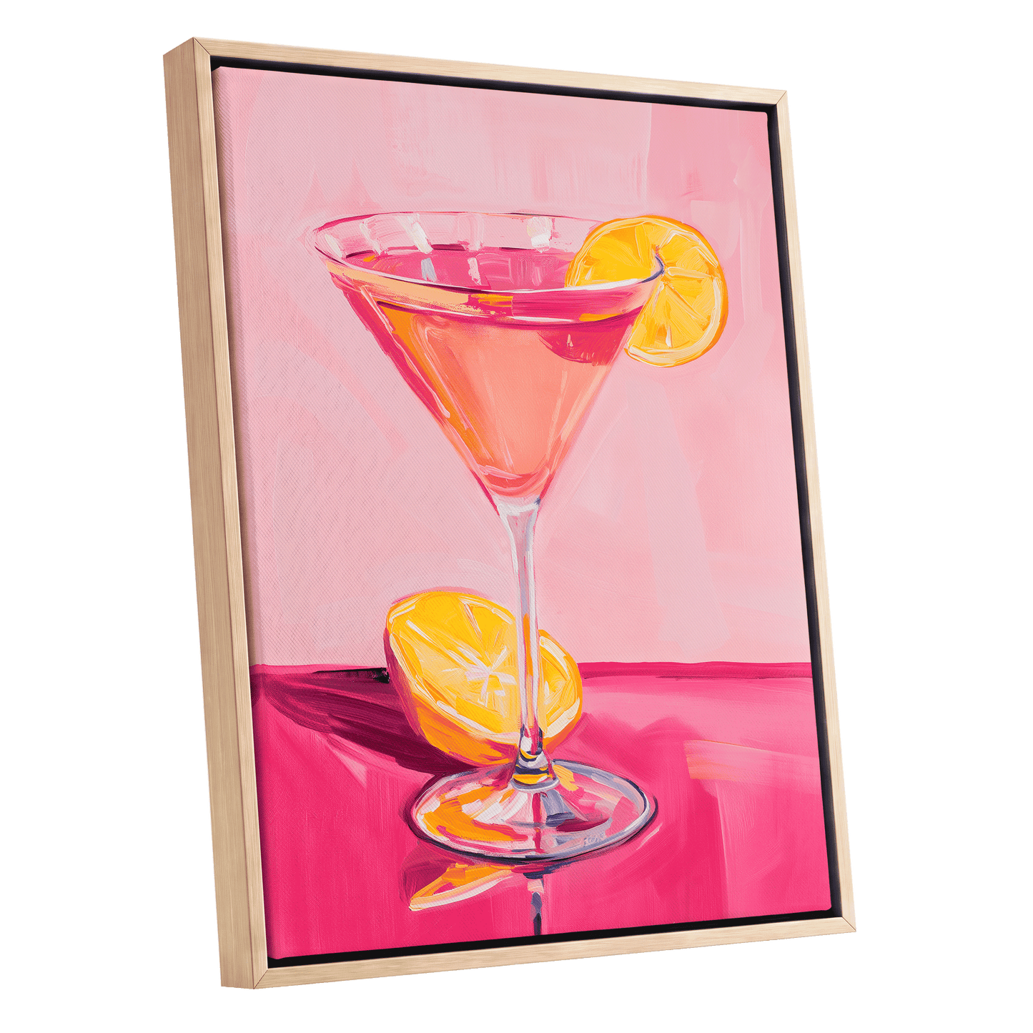 Pink Citrus Cocktail, pink, orange, yellow abstract wall art shown as a oak framed canvas wall art