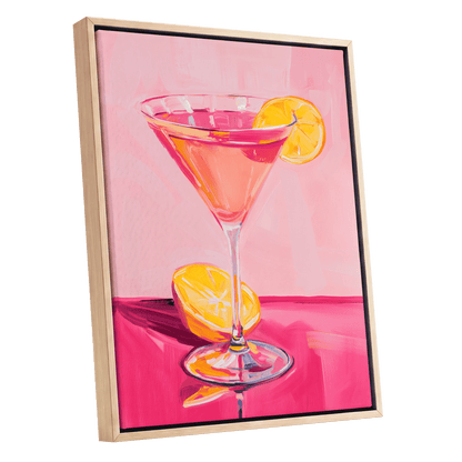 Pink Citrus Cocktail, pink, orange, yellow abstract wall art shown as a oak framed canvas wall art