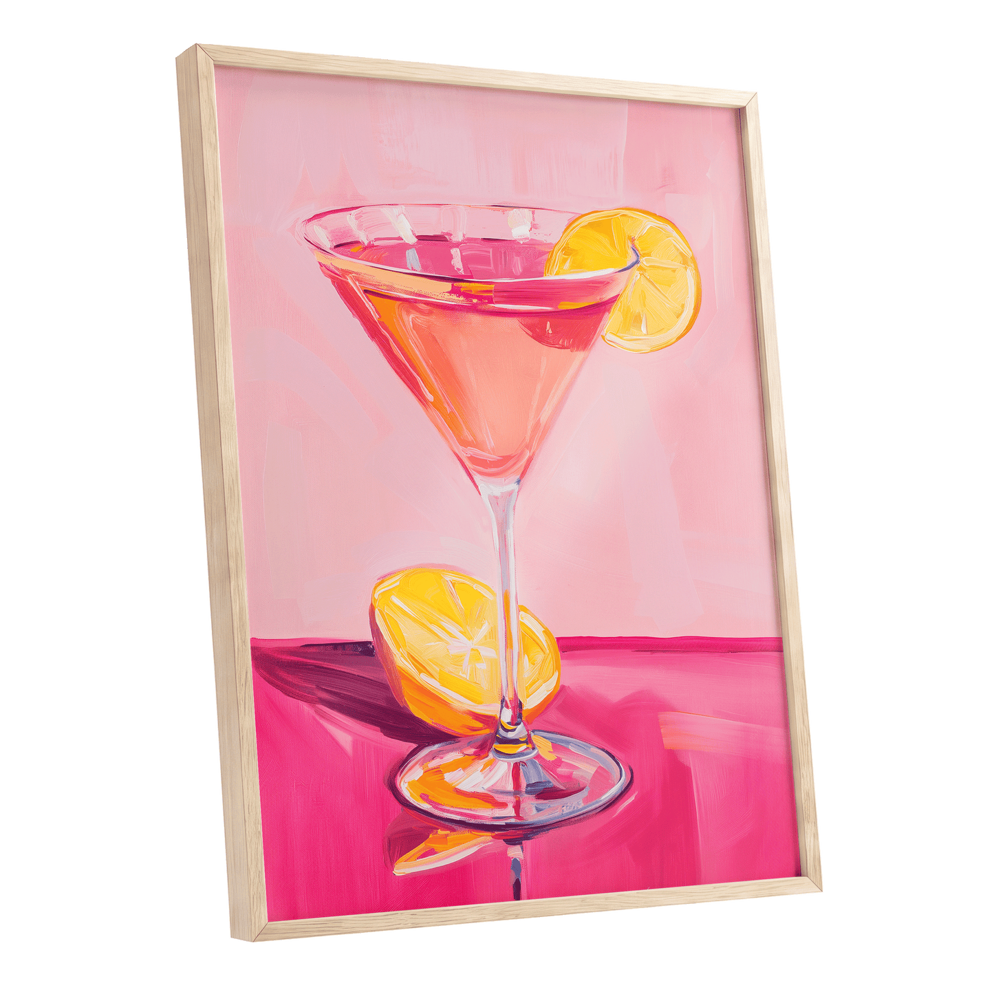 Pink Citrus Cocktail, pink, orange, yellow abstract wall art shown as a oak framed poster wall art print