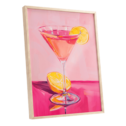 Pink Citrus Cocktail, pink, orange, yellow abstract wall art shown as a oak framed poster wall art print