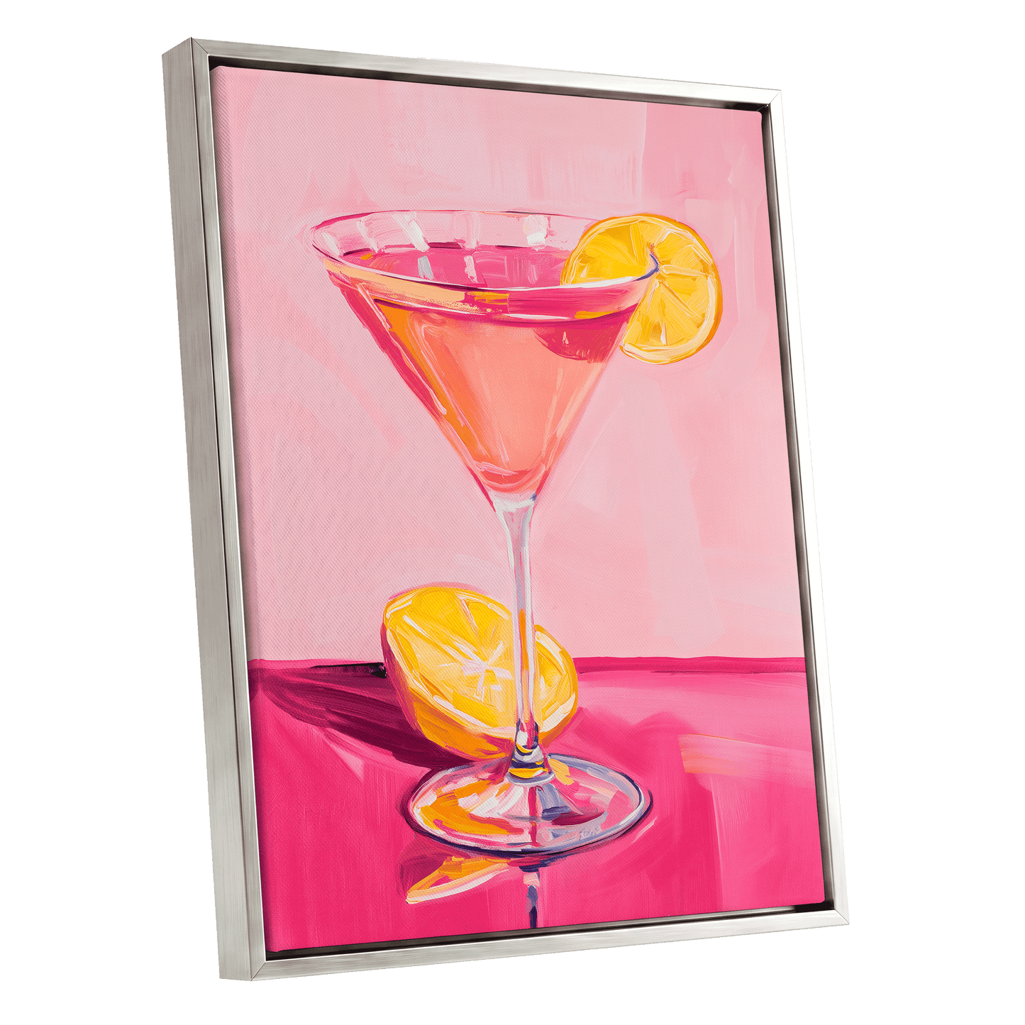 Pink Citrus Cocktail, pink, orange, yellow abstract wall art shown as a silver framed canvas wall art