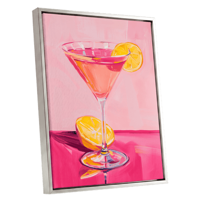 Pink Citrus Cocktail, pink, orange, yellow abstract wall art shown as a silver framed canvas wall art