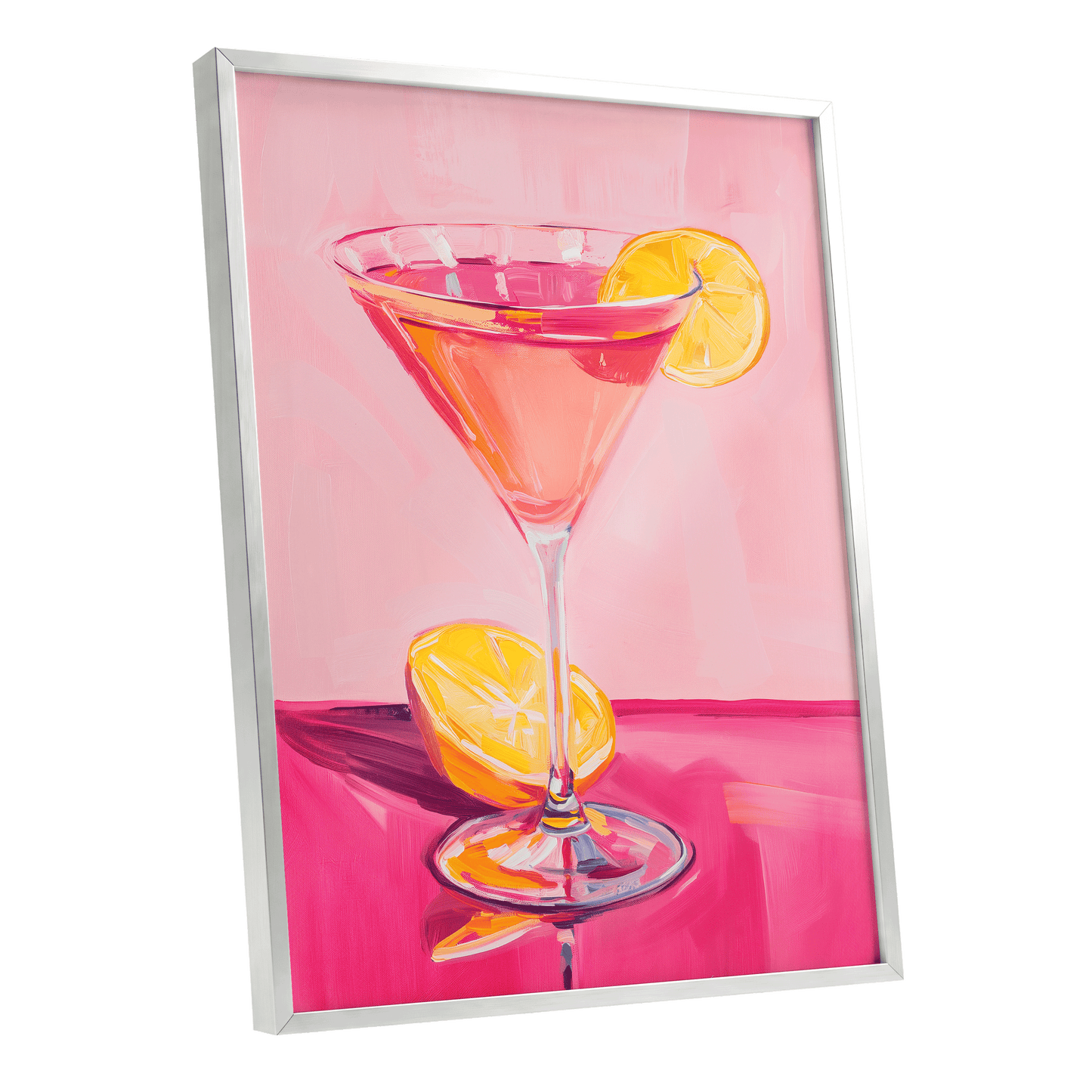 Pink Citrus Cocktail, pink, orange, yellow abstract wall art shown as a silver framed poster wall art print