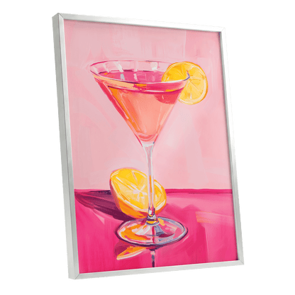 Pink Citrus Cocktail, pink, orange, yellow abstract wall art shown as a silver framed poster wall art print