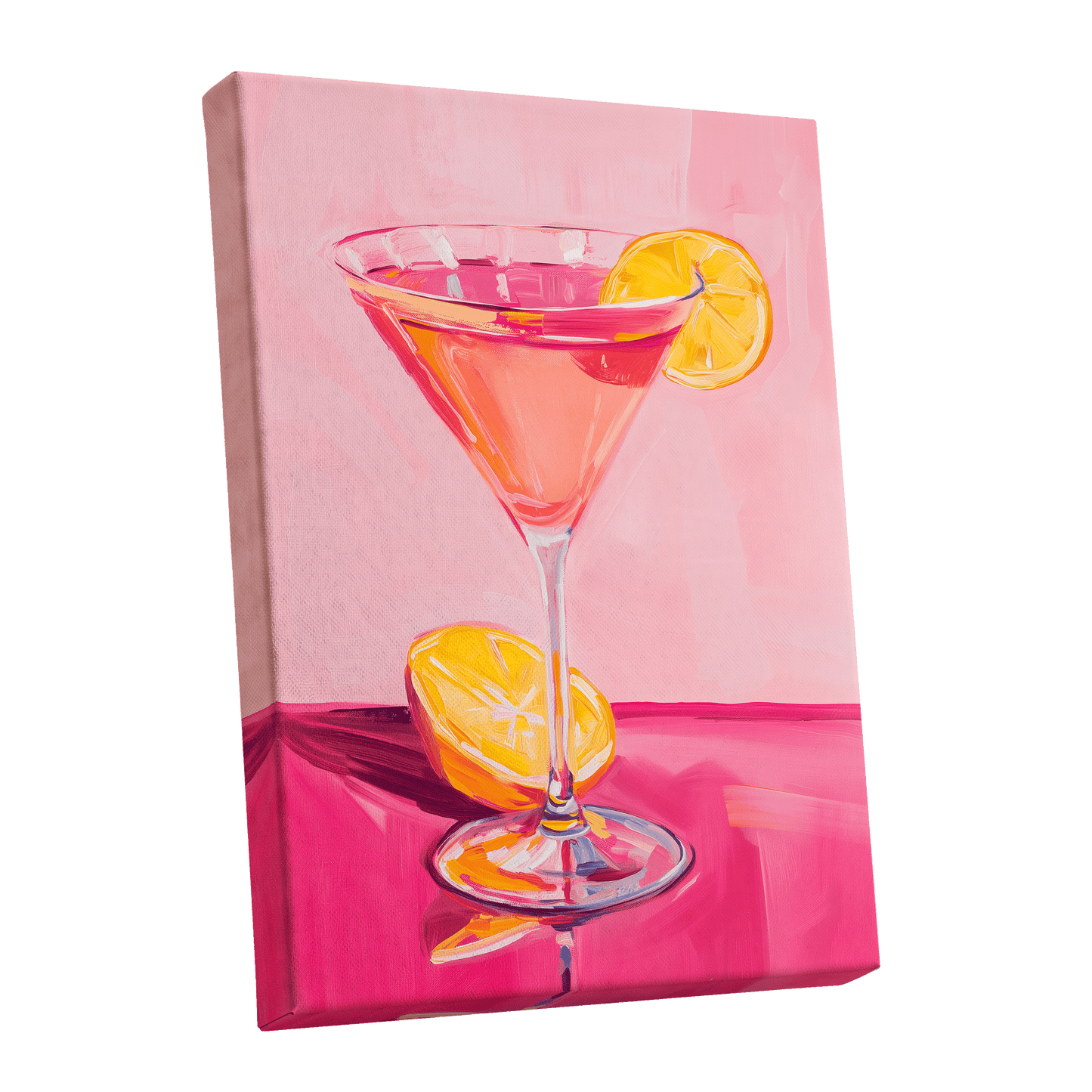 Pink Citrus Cocktail, pink, orange, yellow abstract wall art shown as a stretched canvas wall art