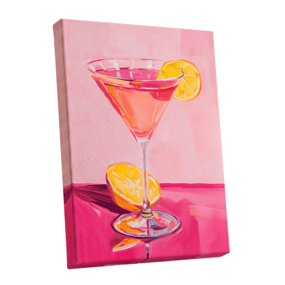 Pink Citrus Cocktail, pink, orange, yellow abstract wall art shown as a stretched canvas wall art