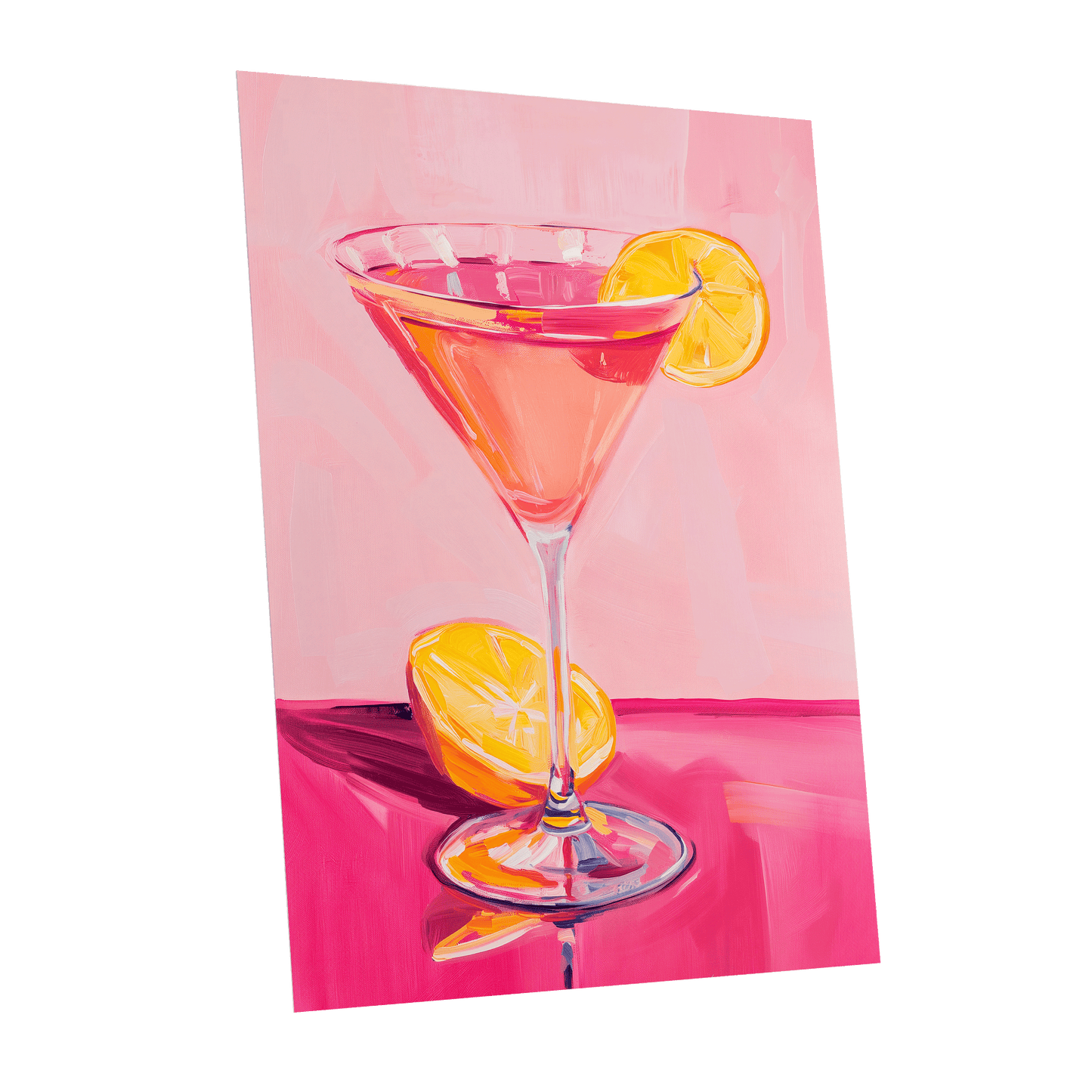 Pink Citrus Cocktail, pink, orange, yellow abstract wall art shown as a unframed poster wall art print