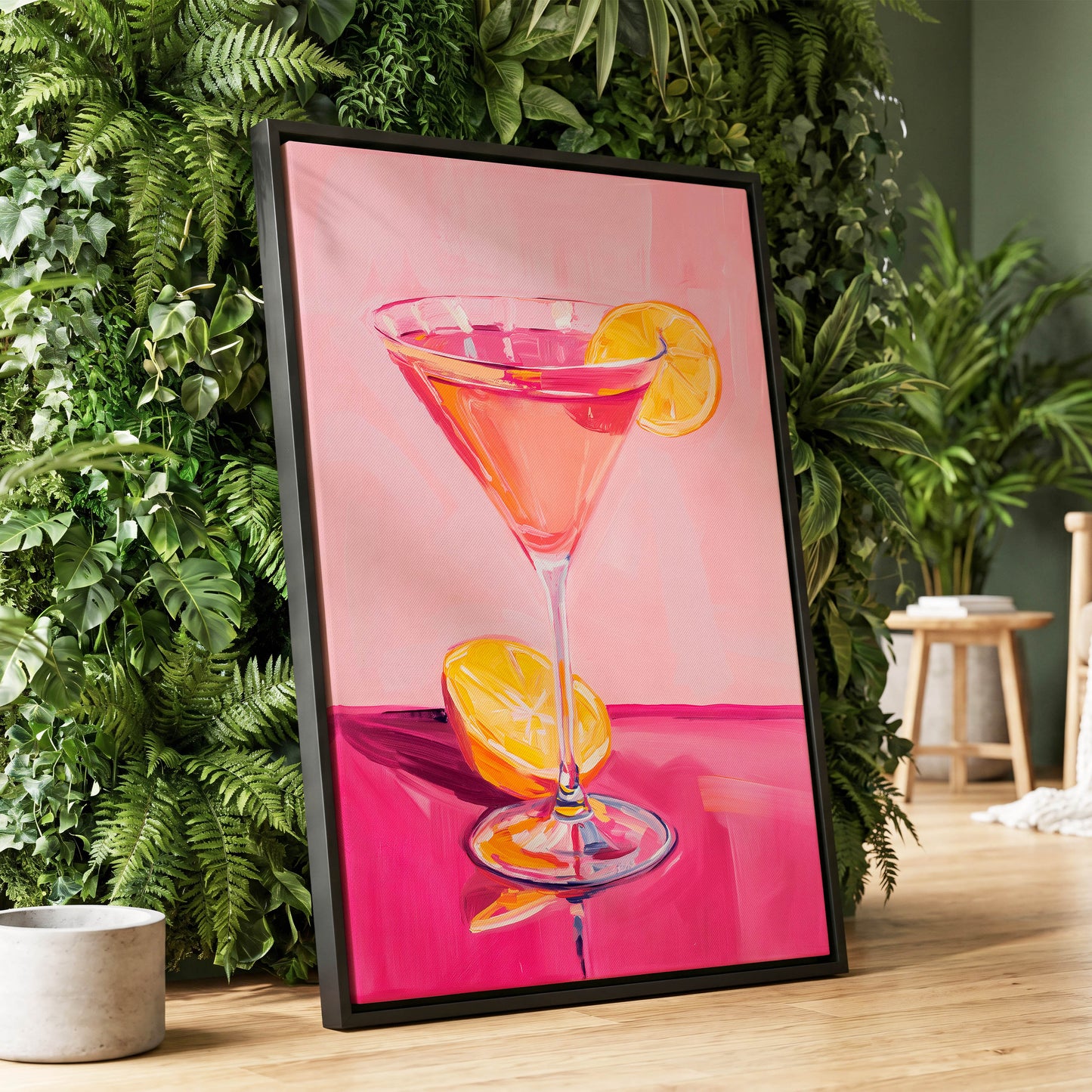 Pink Citrus Cocktail, pink, orange, yellow abstract wall art displayed in a styled interior, gallery view 1