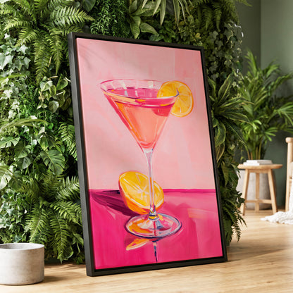 Pink Citrus Cocktail, pink, orange, yellow abstract wall art displayed in a styled interior, gallery view 1
