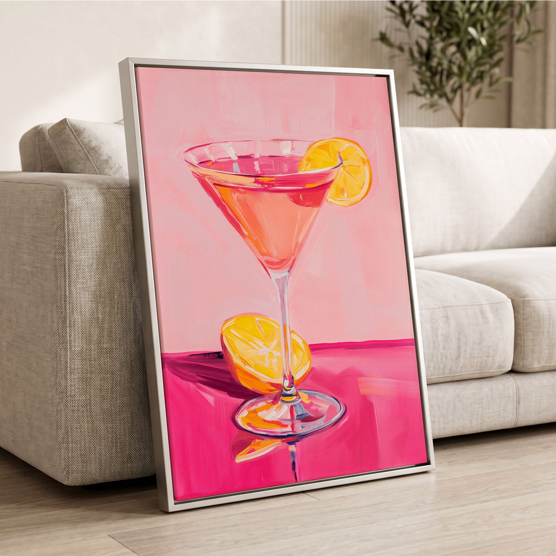 Pink Citrus Cocktail, pink, orange, yellow abstract wall art displayed in a styled interior, gallery view 2