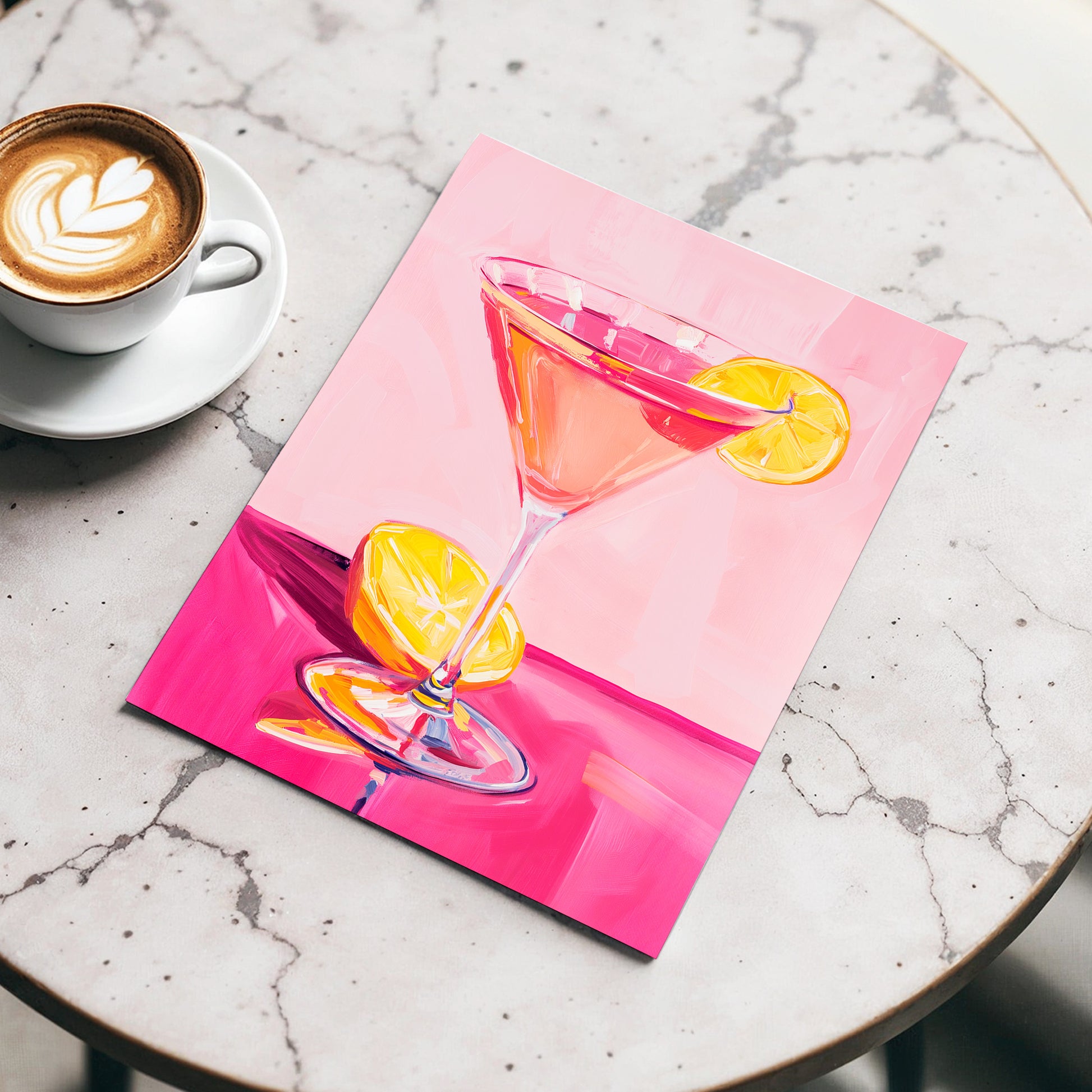 Pink Citrus Cocktail, pink, orange, yellow abstract wall art displayed in a styled interior, gallery view 3