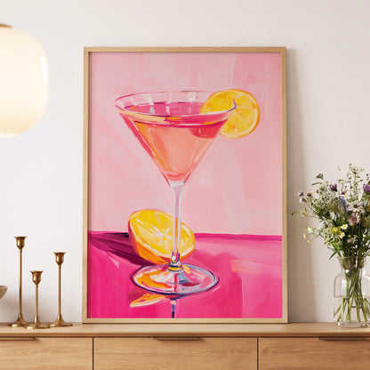 Pink Citrus Cocktail, pink, orange, yellow abstract wall art displayed in a styled interior, gallery view 4
