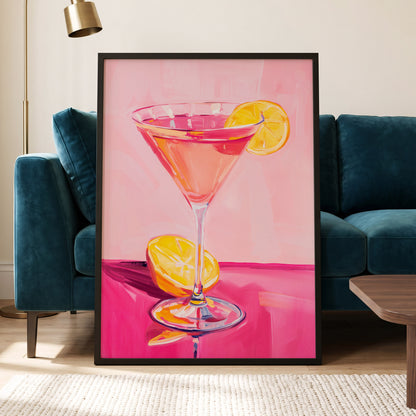 Pink Citrus Cocktail, pink, orange, yellow abstract wall art displayed in a styled interior, gallery view 5
