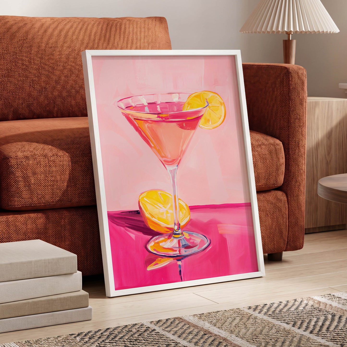 Pink Citrus Cocktail, pink, orange, yellow abstract wall art displayed in a styled interior, gallery view 6