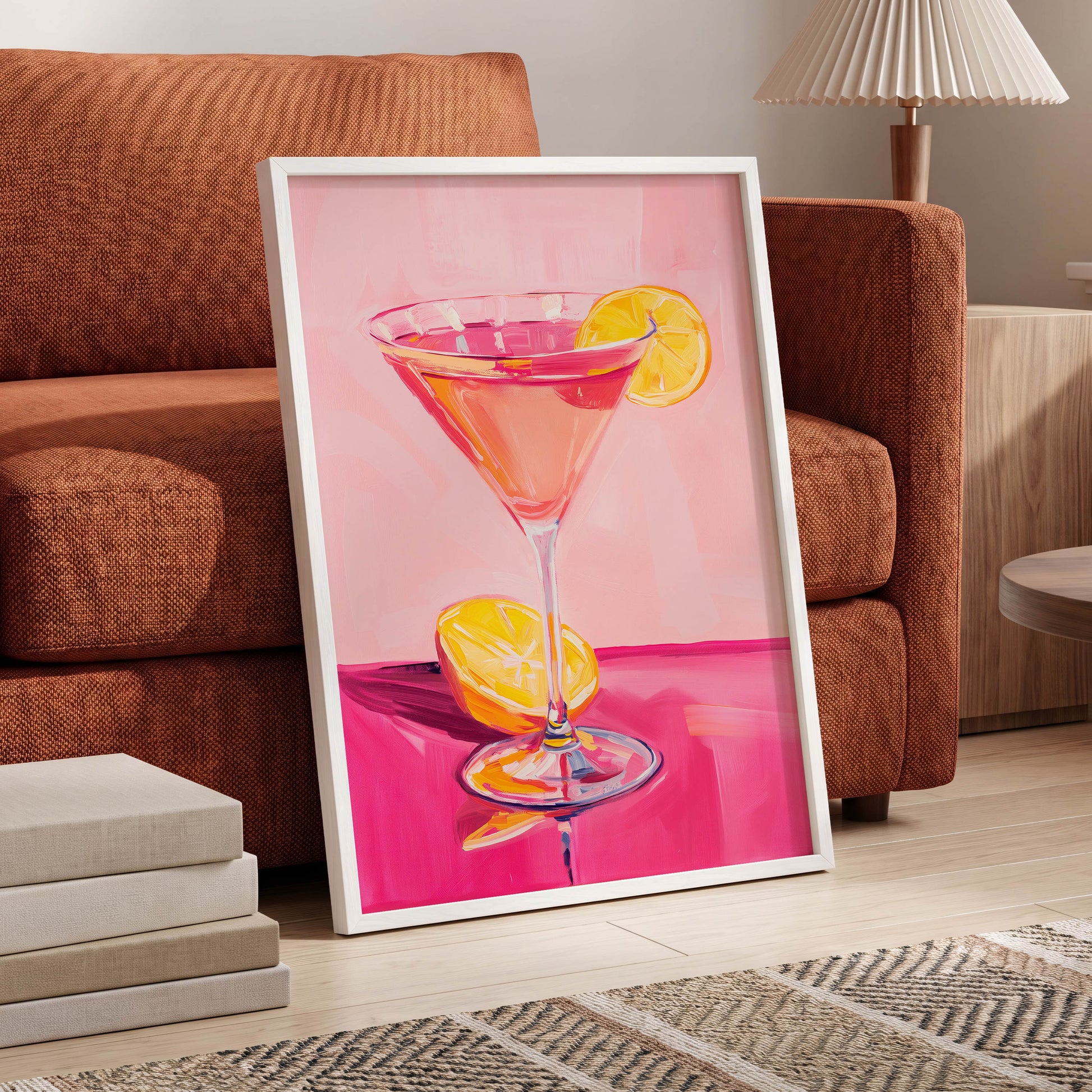 Pink Citrus Cocktail, pink, orange, yellow abstract wall art displayed in a styled interior, gallery view 6