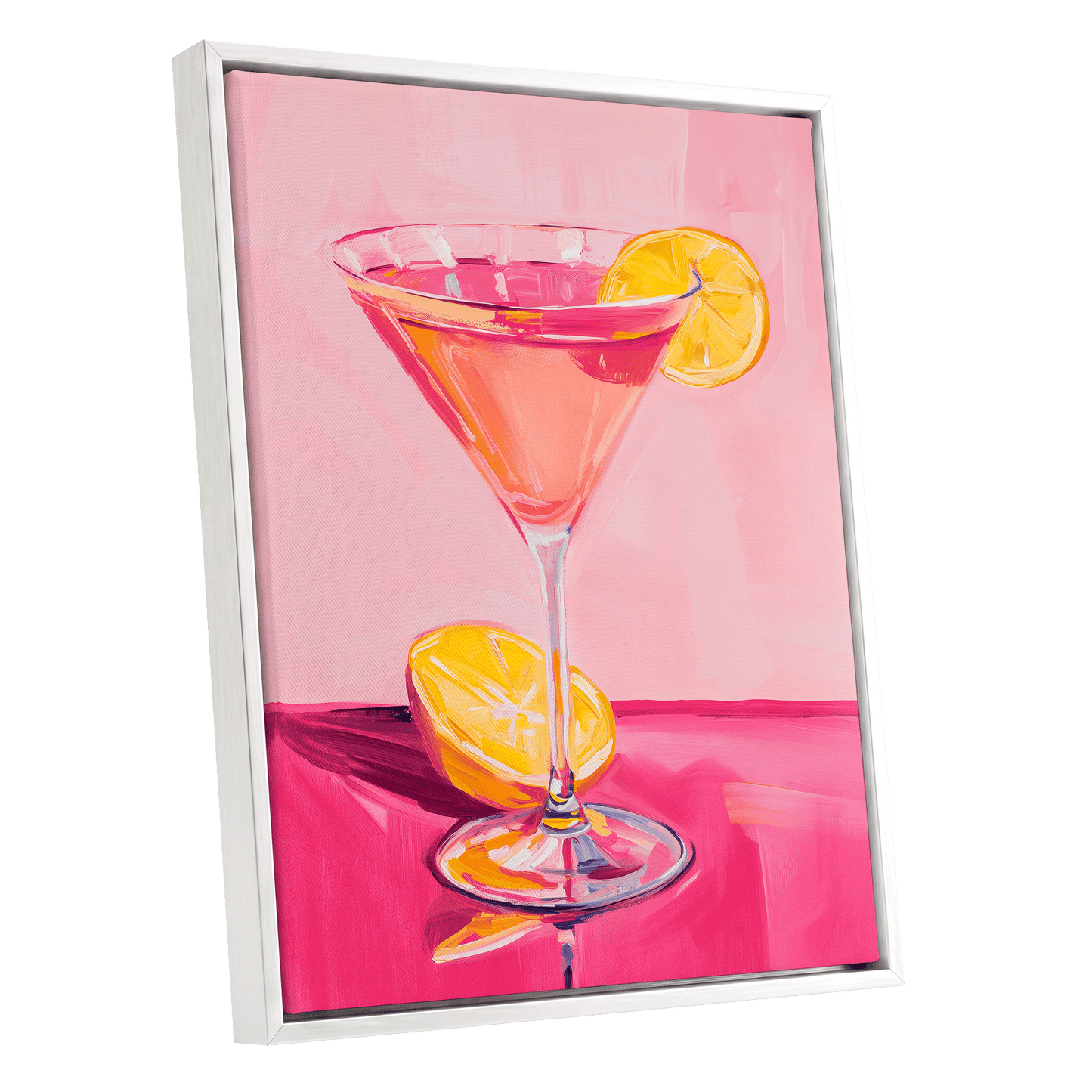 Pink Citrus Cocktail, pink, orange, yellow abstract wall art shown as a white framed canvas wall art