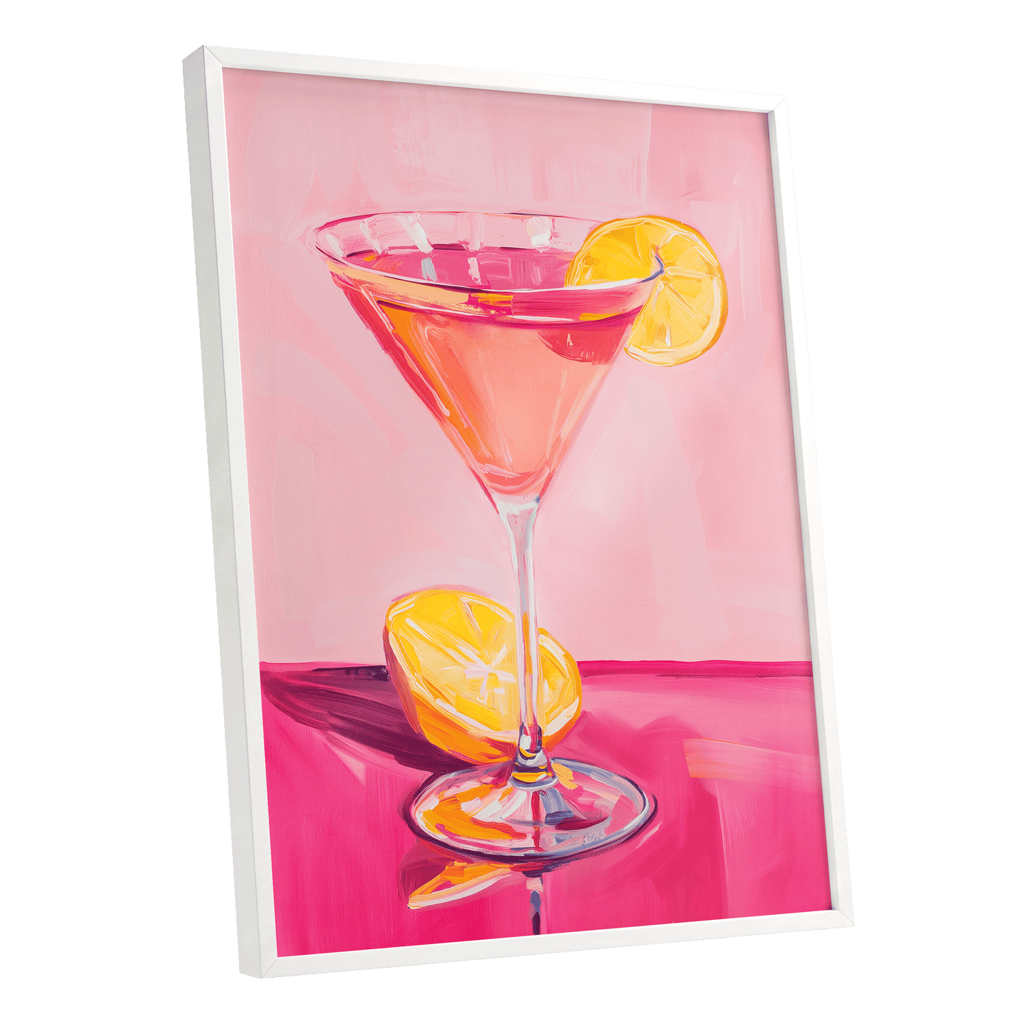 Pink Citrus Cocktail, pink, orange, yellow abstract wall art shown as a white framed poster wall art print
