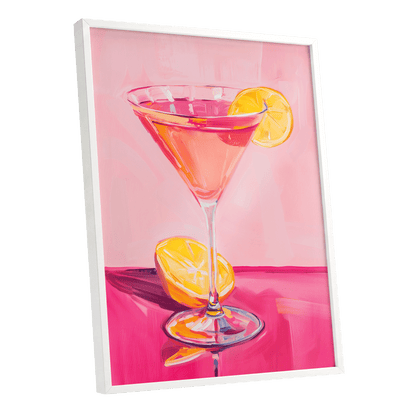 Pink Citrus Cocktail, pink, orange, yellow abstract wall art shown as a white framed poster wall art print