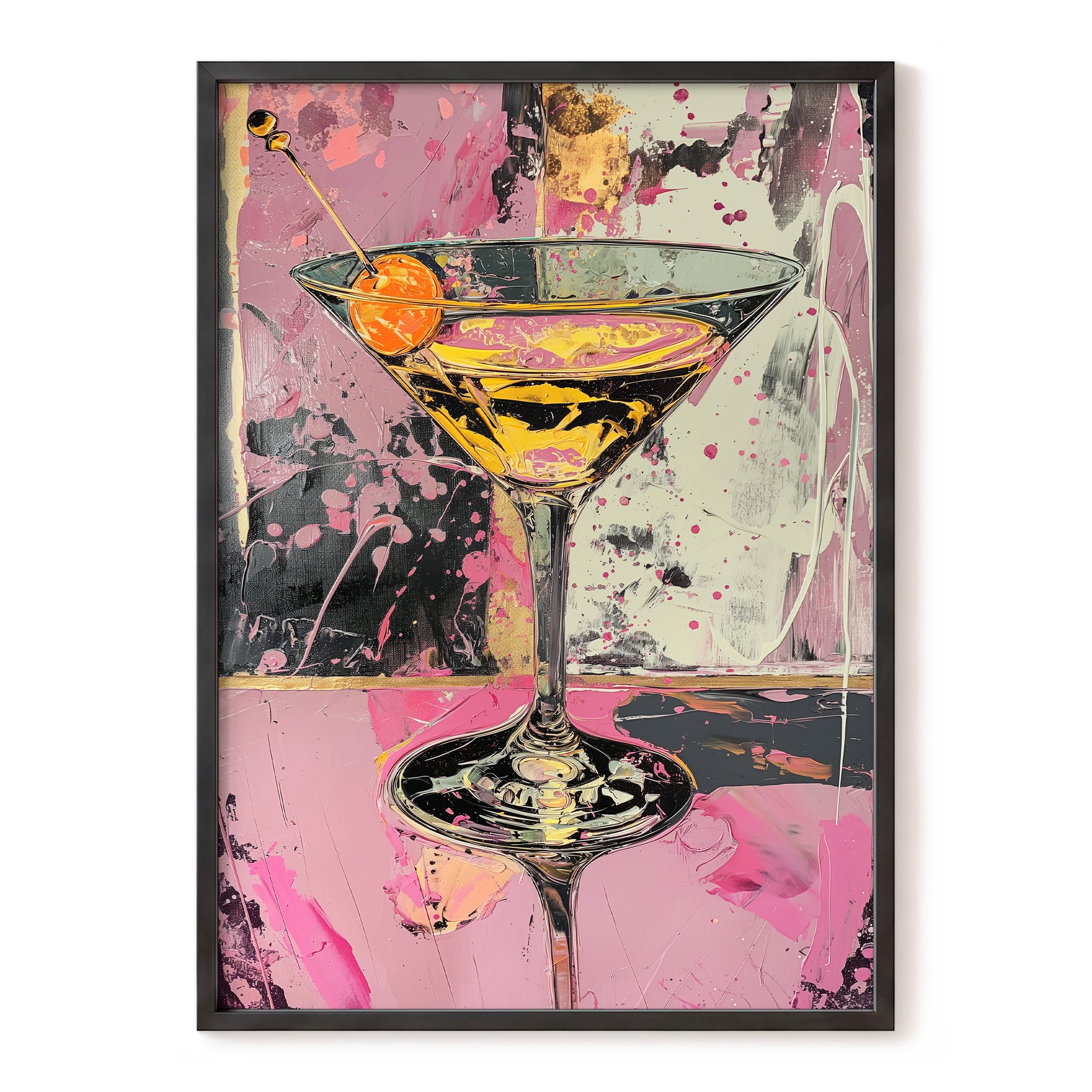 Pink Hour Martini, pink, black, gold abstract wall art, front artwork view