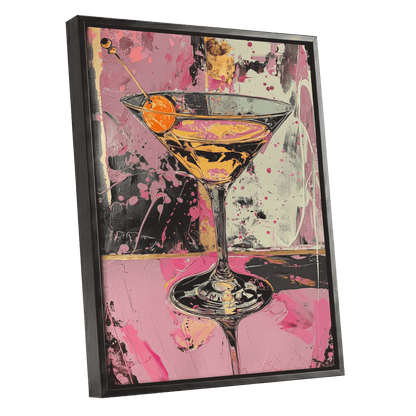 Pink Hour Martini, pink, black, gold abstract wall art shown as a black framed canvas wall art