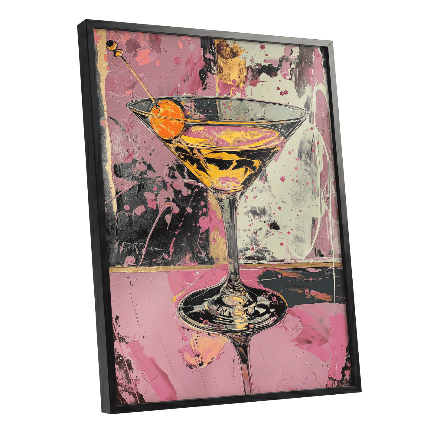 Pink Hour Martini, pink, black, gold abstract wall art shown as a black framed poster wall art print