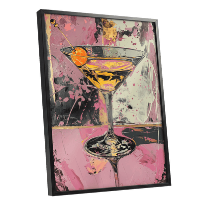 Pink Hour Martini, pink, black, gold abstract wall art shown as a black framed poster wall art print